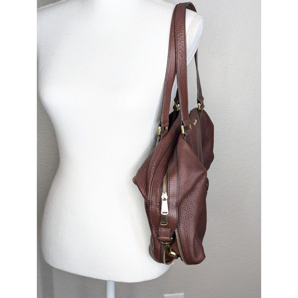 Fossil Leather Tote Shoulder Bag Satchel Brown Medium Preston Purse Zip Around - Picture 6 of 13
